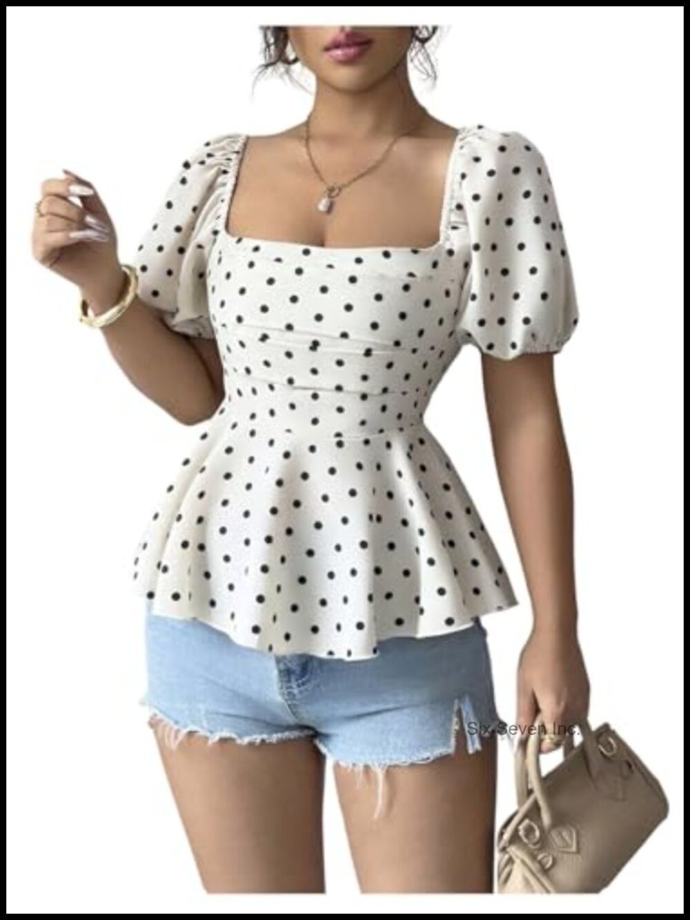 Polka Dot Puff Sleeve Peplum Square Neck Ruffle Blouse Top